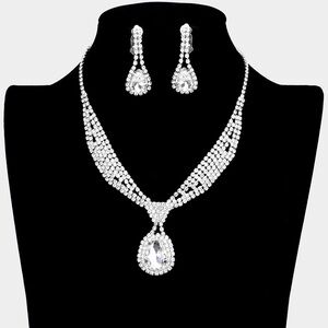 Rhinestone Pave Silver Necklace and Earring Set
